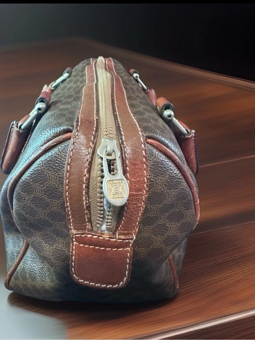 CELINE Brown Logo Satchel/Boston Handbag Zip Closure